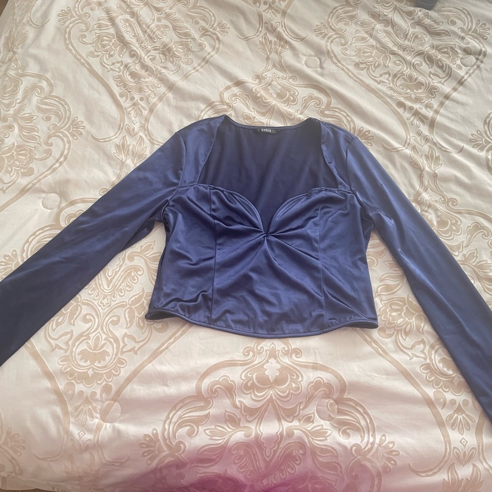 Navy Twist-Front Long Sleeve Crop Top